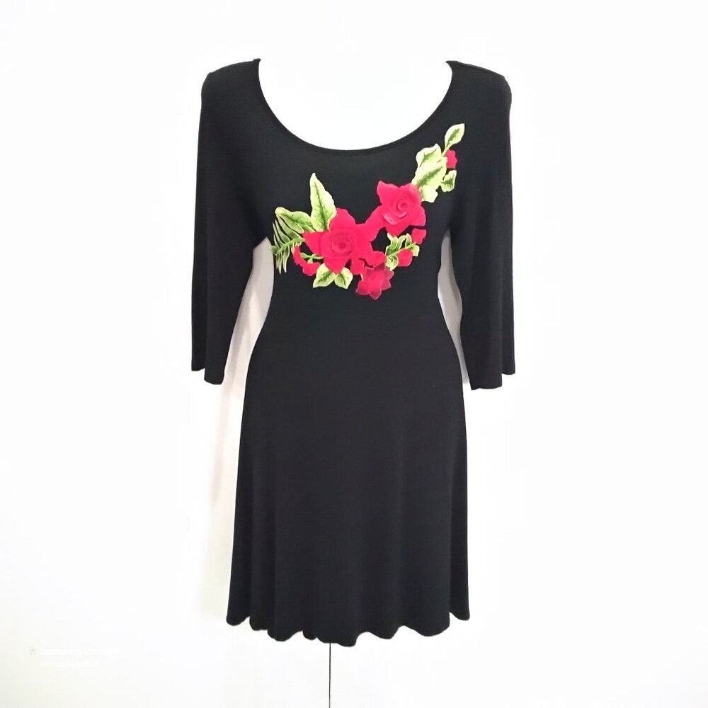 SJS Black 3/4 Sleeve Knit Spandex Stretch Embroidered Applique Mini Dress NWT Sm